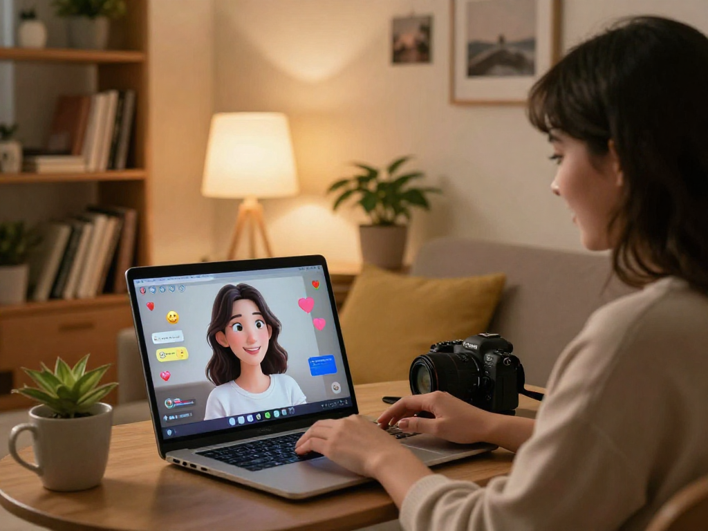 AI girlfriend interaction in a cozy room with a woman and laptop.