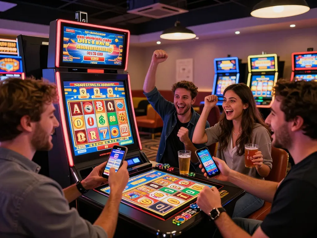 Friends celebrating a big win at vegasslot77.com digital slot machine in a vibrant casino.
