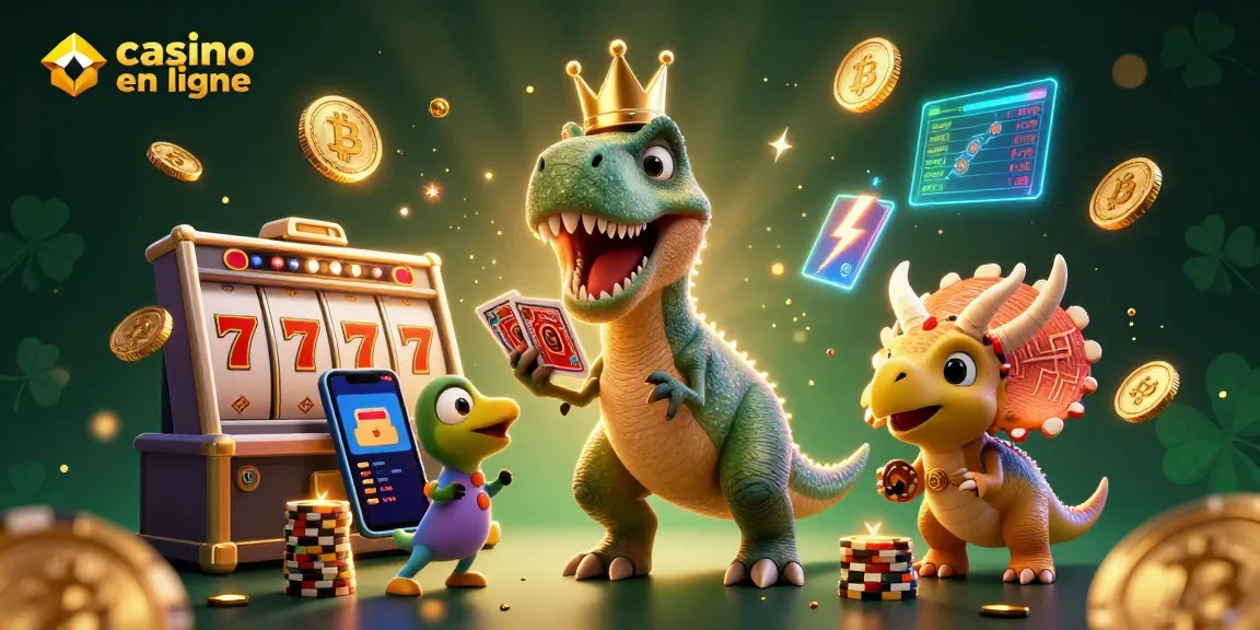 Jouez à casino en ligne avec un T-Rex tenant des cartes et un bébé triceratops empilant des jetons d'or.