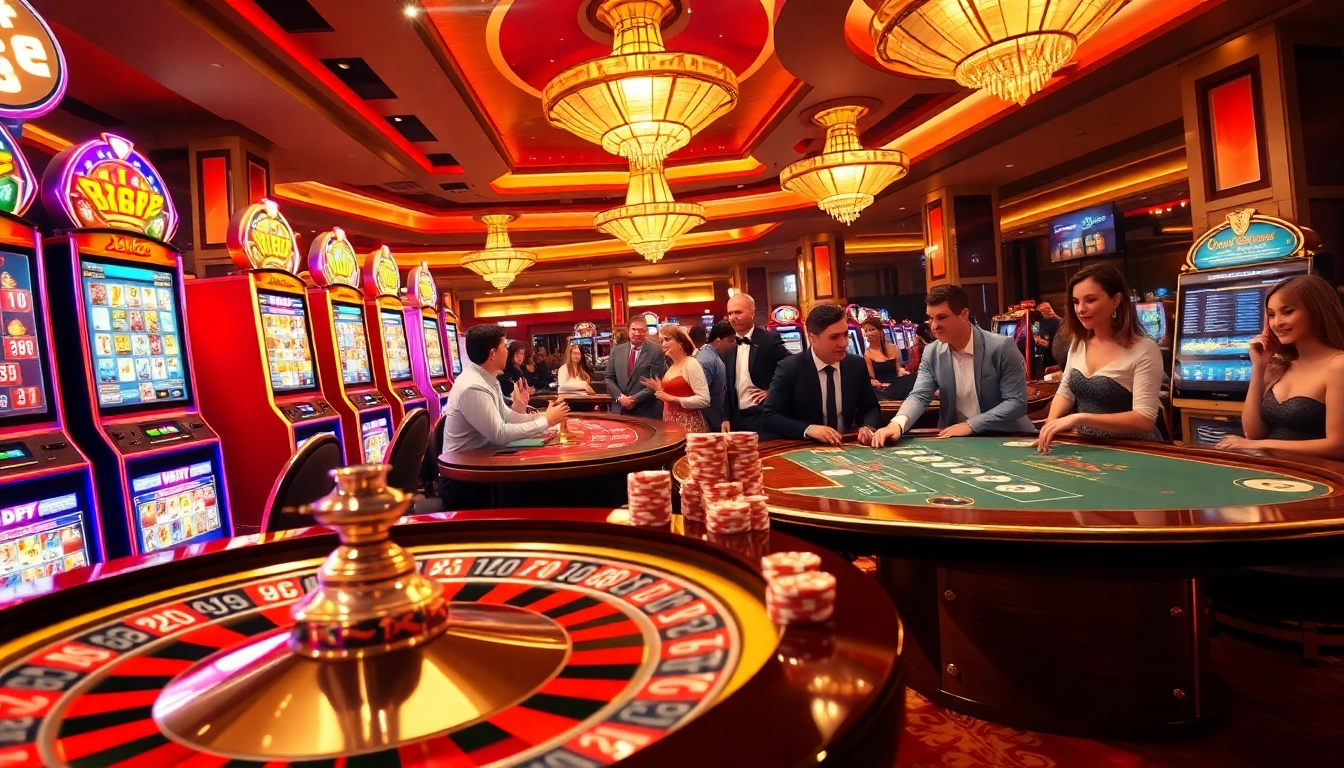 Players enjoying the immersive thrill of 8kbet casino games with vibrant slot machines and poker tables.