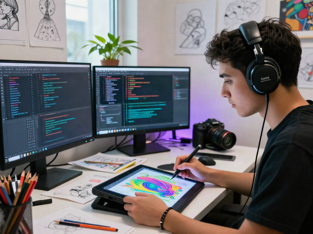 NSFW AI artist designing digital content in a creative studio with vibrant elements.