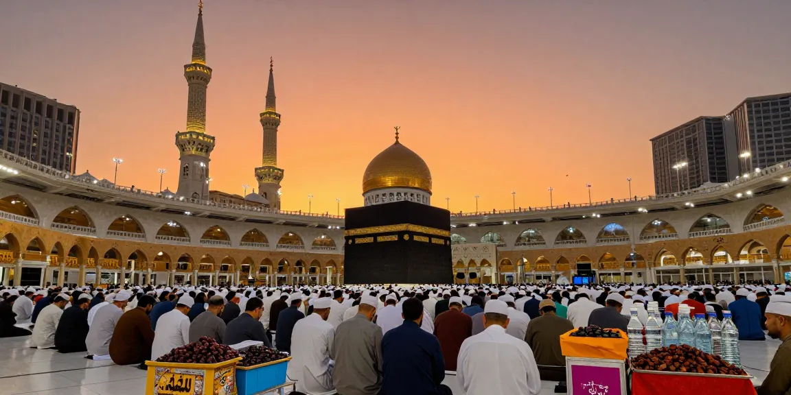 "Experience the sacred Umroh Full Ramadhan journey at Makkah's Grand Mosque, with pilgrims immersed in prayer and cultural traditions."