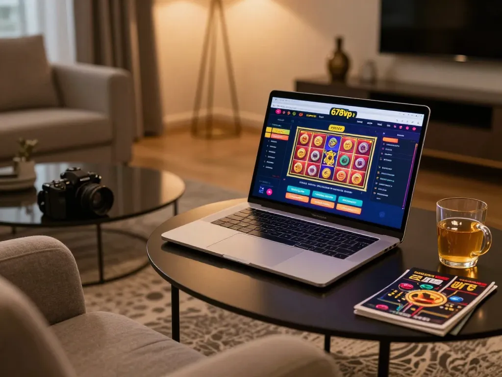 Player engaging with the 678vip online casino platform, enjoying a cozy gaming setup at home.