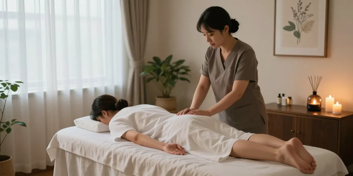 Relaxing 창원마사지 session in a serene therapy room with soft linens and calming ambiance