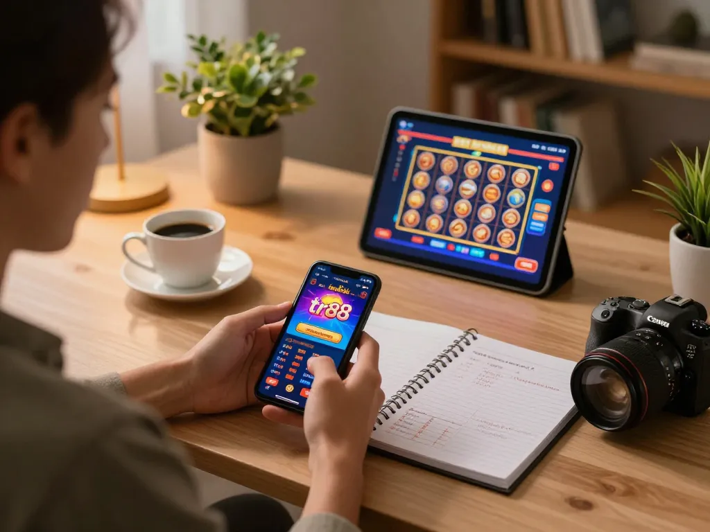 Engaging with nhà cái tr88 on mobile app for online casino gameplay while managing strategy notes.