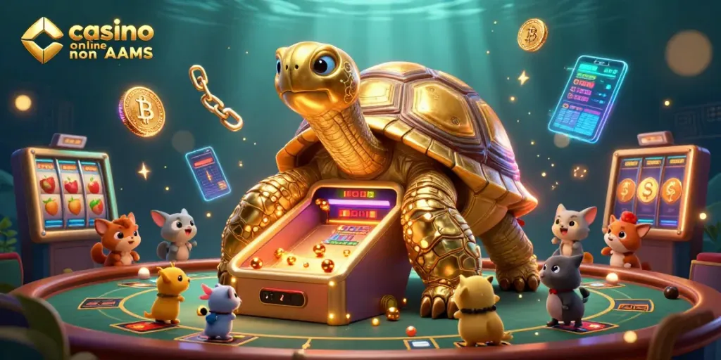 Gioca nel miglior casinò online non AAMS con una tartaruga dorata e simboli delle slot ricchi di emozioni.