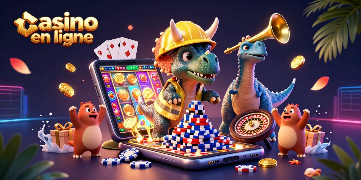Le casino en ligne avec un triceratops bâtissant une pyramide de jetons de poker, entouré de jeux de casino.