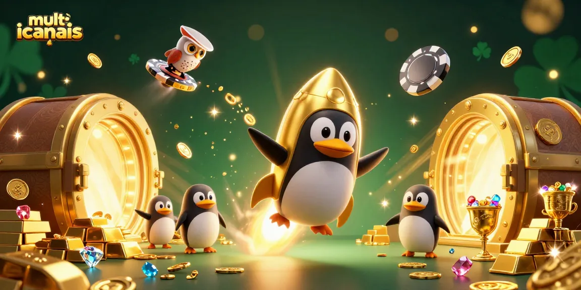 Experience multicanais with a vibrant 3D illustration of a golden penguin and casino elements.