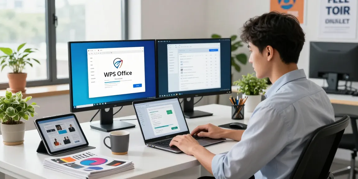 Download WPS Office in a bright modern tech workspace with dual screens and vibrant decor.