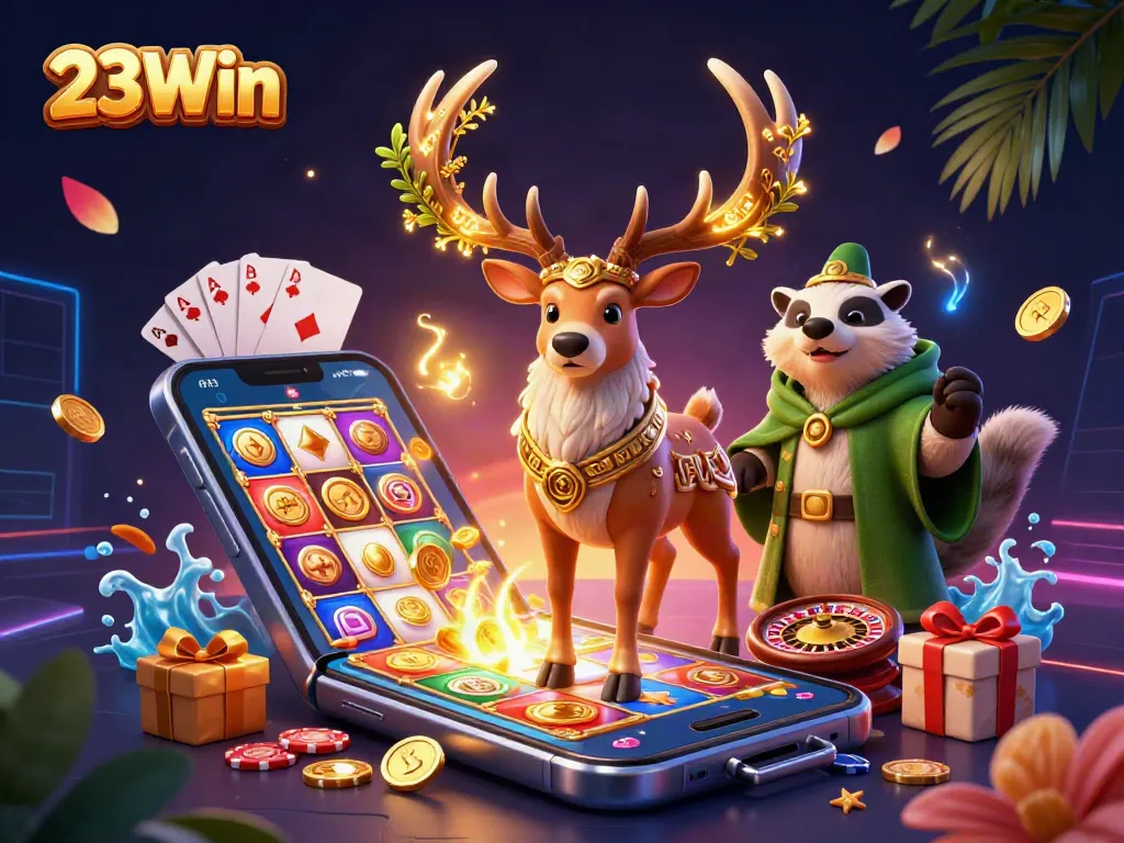 Experience thrilling gaming adventures with 23Win, featuring vibrant characters and dynamic casino elements.