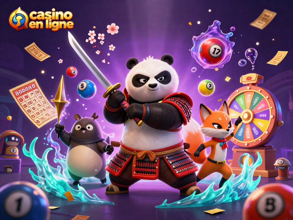 Découvrez une scène animée "casino en ligne" avec un panda samouraï et un renard ninja lançant des shurikens, entourés d'éléments de jeu.