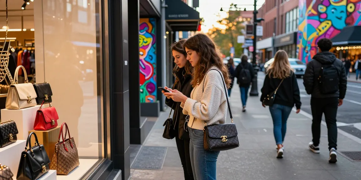 Stylish shopper exploring 레플리카 사이트 luxury replica handbags in vibrant urban setting