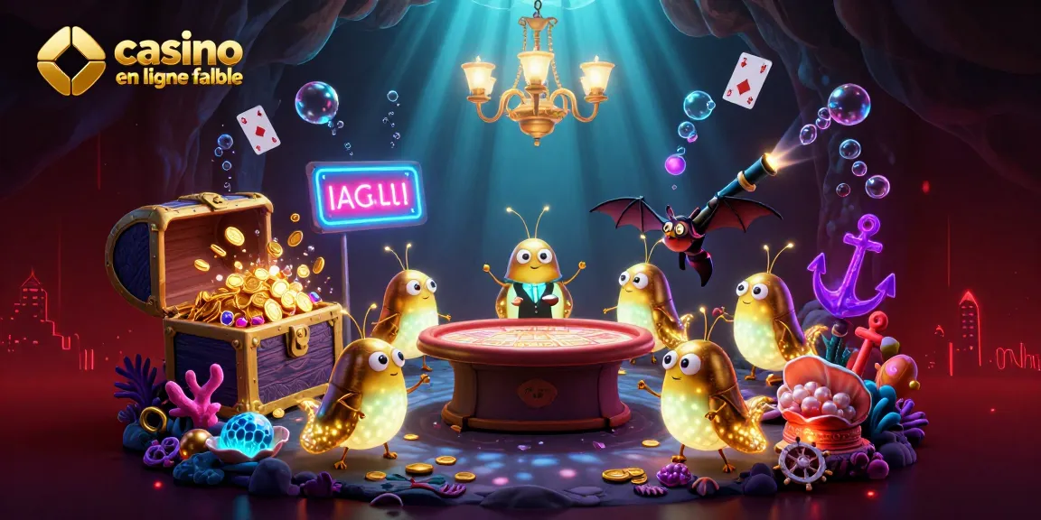 Plongez dans le monde captivant de casino en ligne fiable avec une illustration de casino sous-marin illuminé par des vers luisants.
