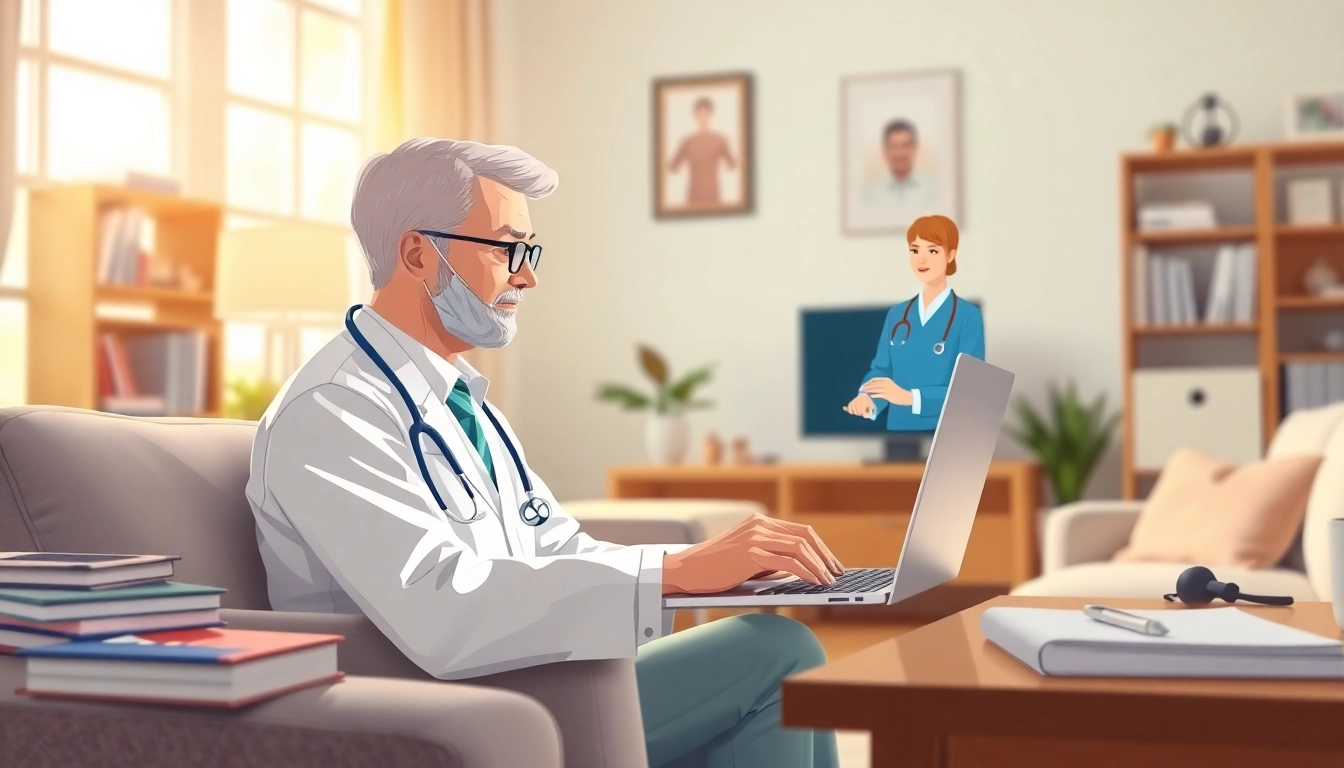 Engaging in affordable online doctor consultation via video, showcasing a doctor in a cozy setting.