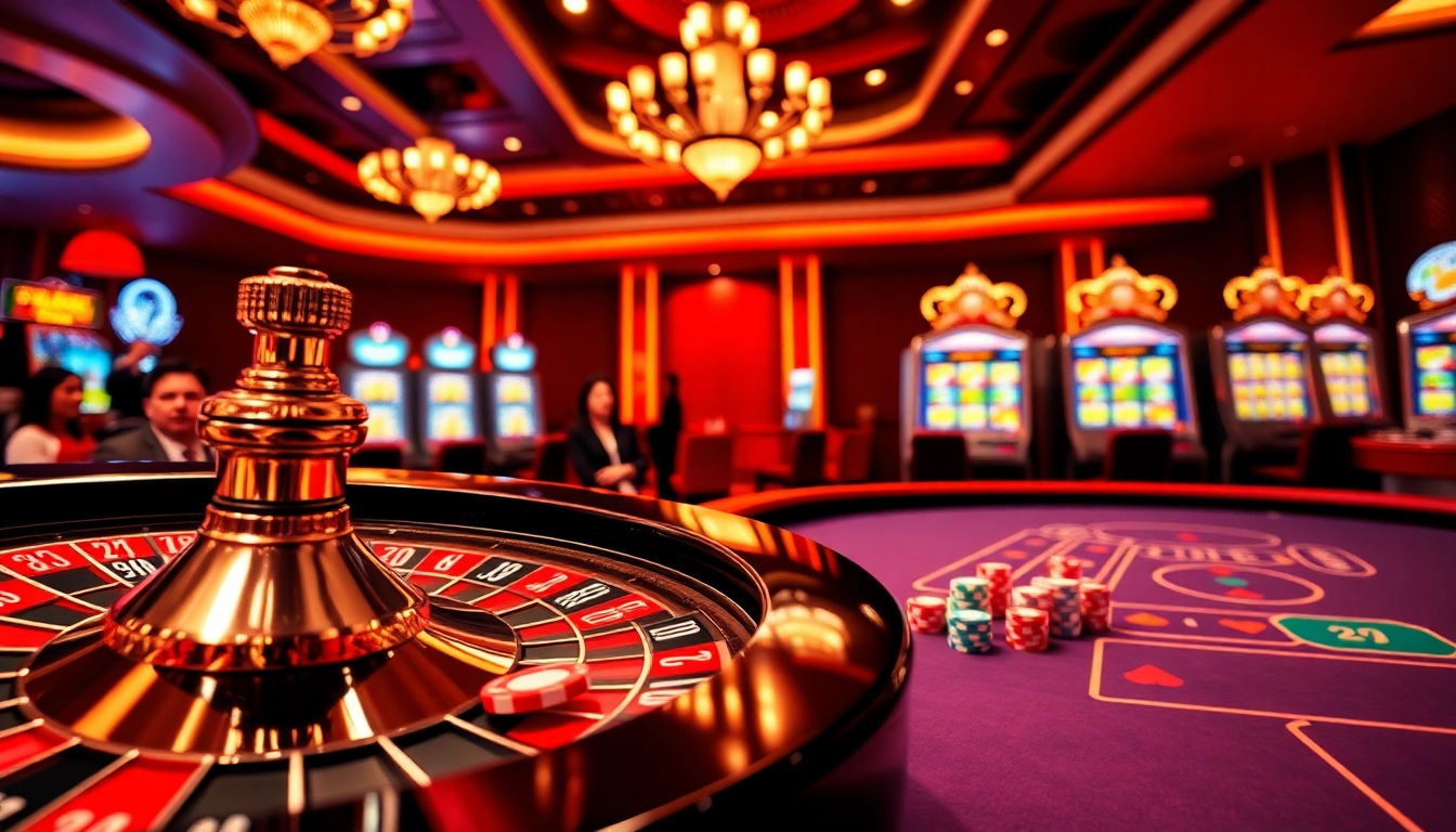 Experience the thrill of gambling at 99win with vibrant poker chips and roulette in a luxury casino setting.