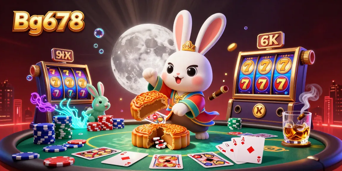 Experience thrilling gaming action at Bg678 with vibrant slot reels and poker chips amidst a whimsical moonlit scene.
