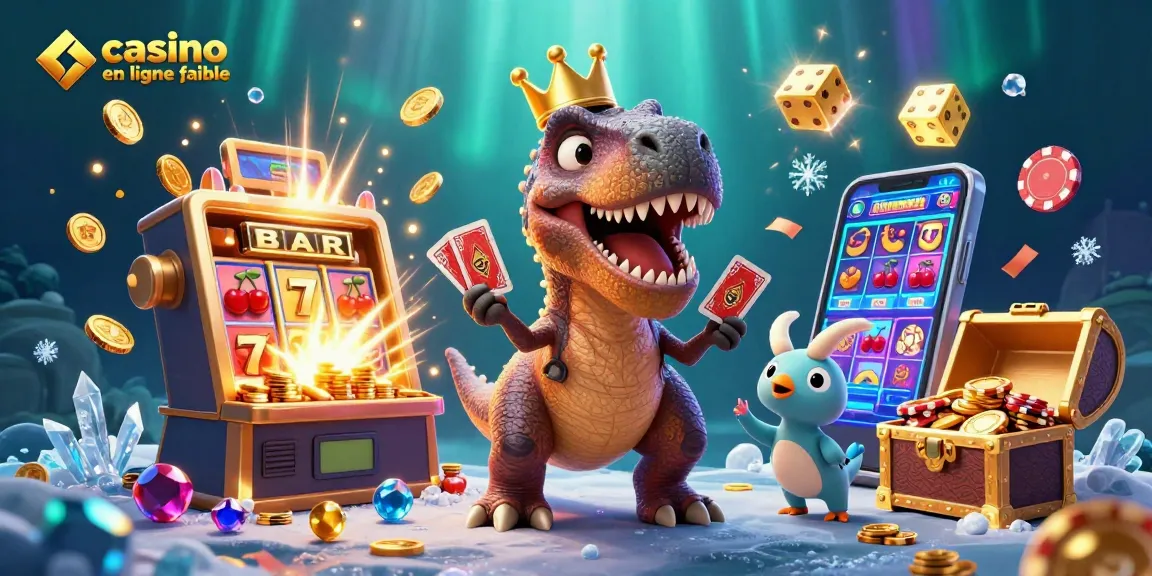 Le casino en ligne fiable présente un T-Rex ludique jouant aux cartes avec un assistant pterodactyle.