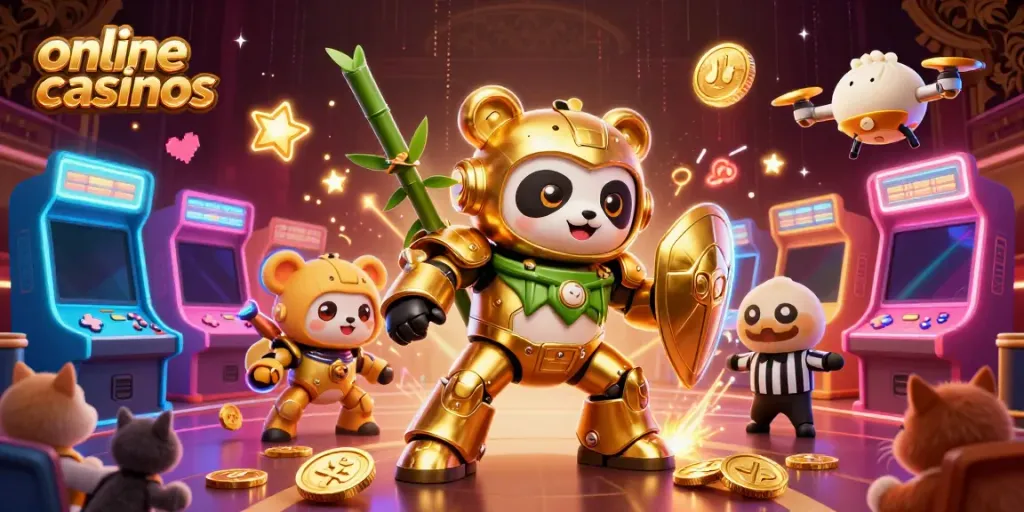 Engage in thrilling online casinos action with a mech-suit panda and dynamic game elements.