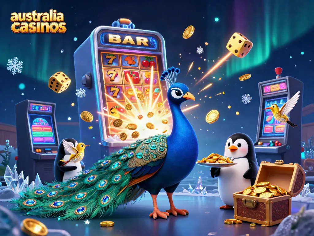 Find the excitement of australia casinos with a vibrant 3D casino scene featuring a peacock, a penguin, and sparkling games.