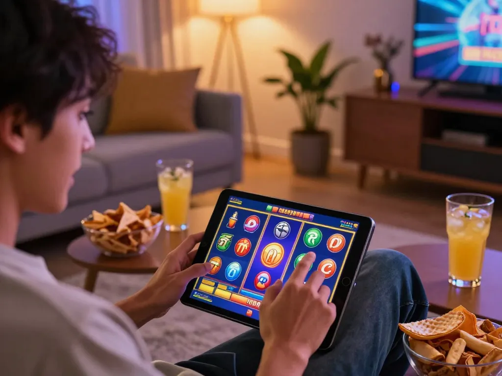 Enjoying a thrilling experience with 3win while playing slot games on a tablet in a cozy home