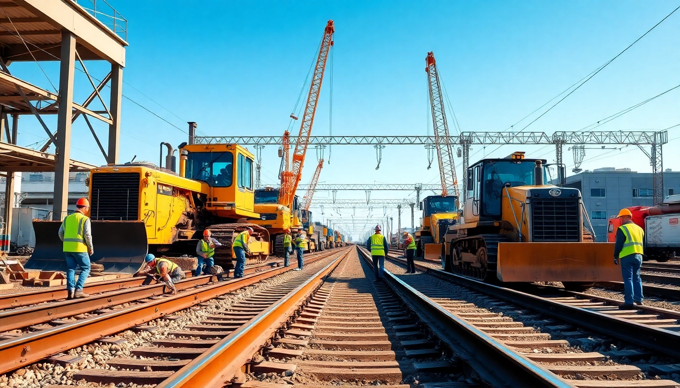 Ratilroad Track Construction Compary crew efficiently installing rails and machinery at a train station.