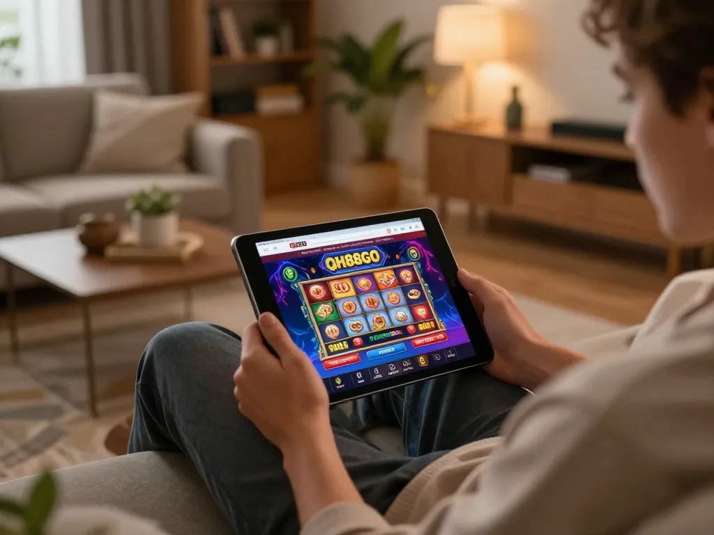 Engaging online gaming scene on QH88GO with tablet showcasing vibrant slots