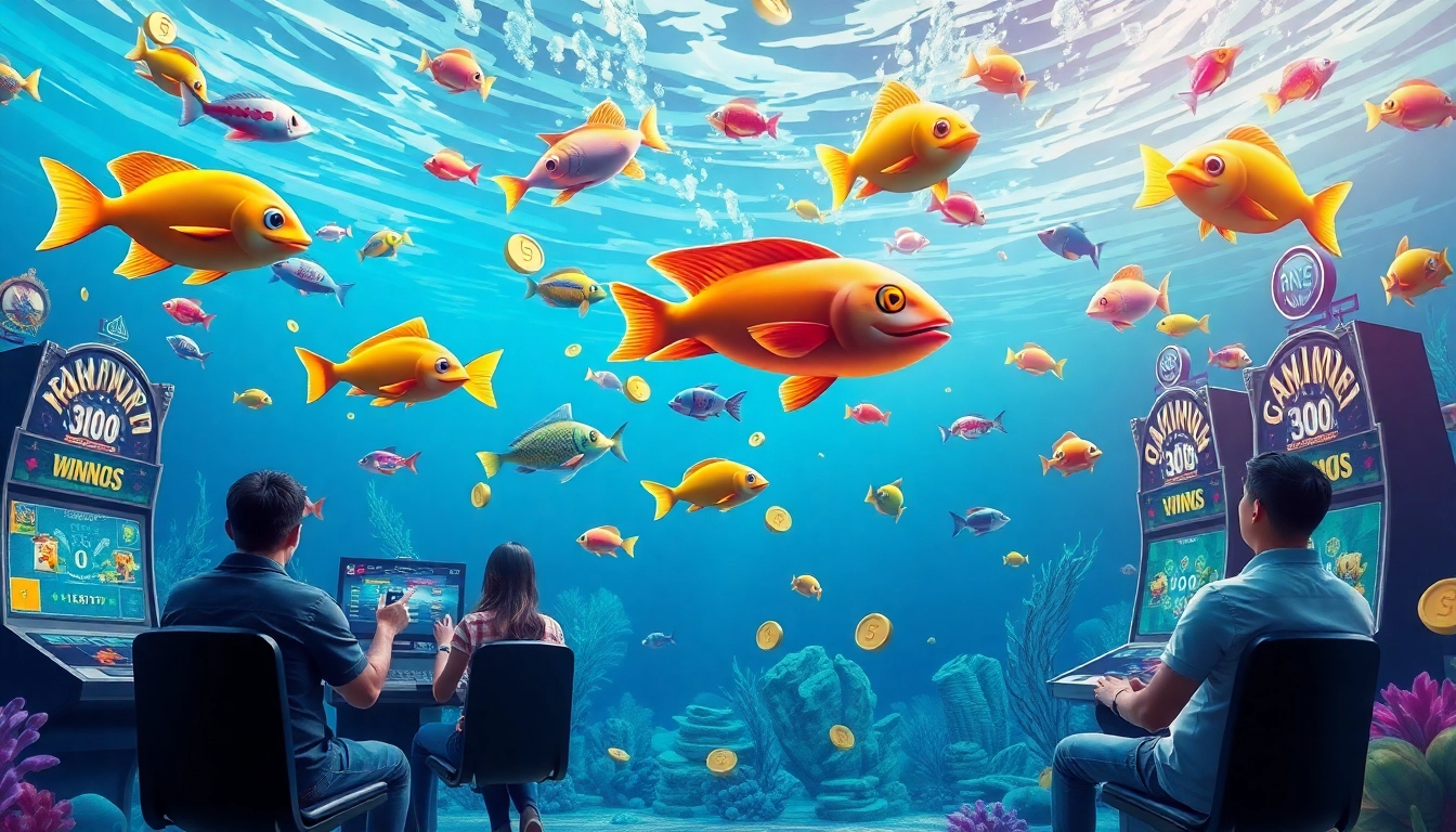 Bắn cá đổi thưởng with players enjoying a vibrant underwater gaming scene featuring colorful fish and rewards.