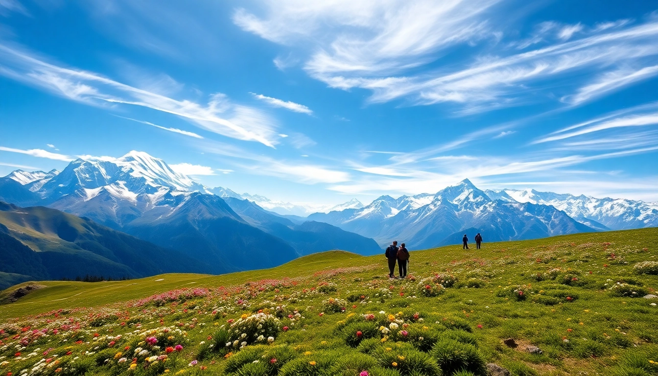 Experience the breathtaking views of the Goechala trek with trekkers in alpine meadows and towering mountains.