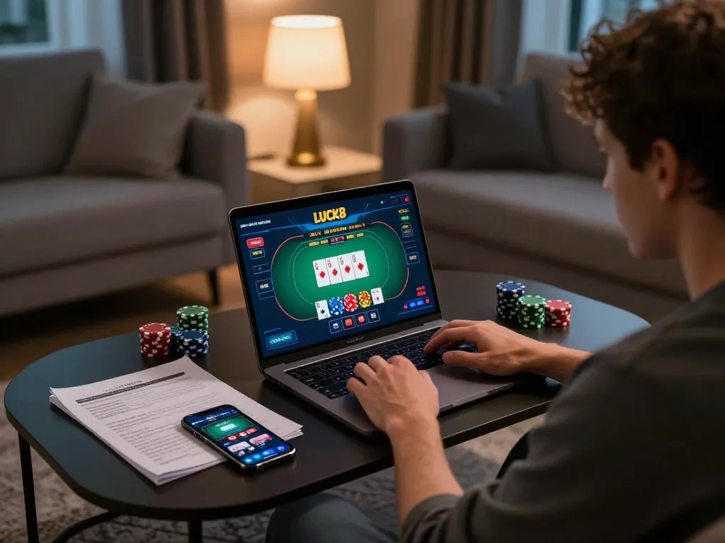 Player engaging in online poker at LUCK8, showcasing gaming interface and strategy notes in a cozy setup.