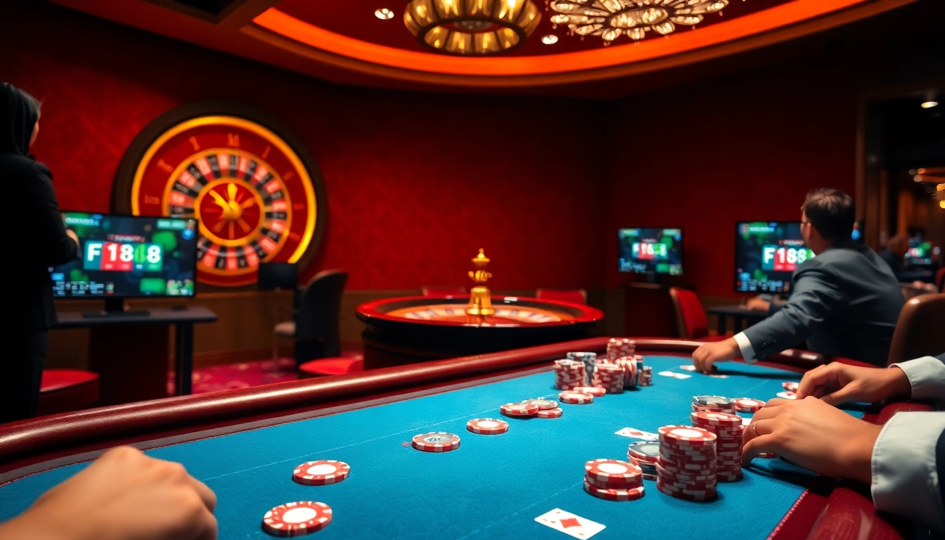 F168 gaming experience with vibrant poker chips and roulette wheel in a luxurious casino setting.