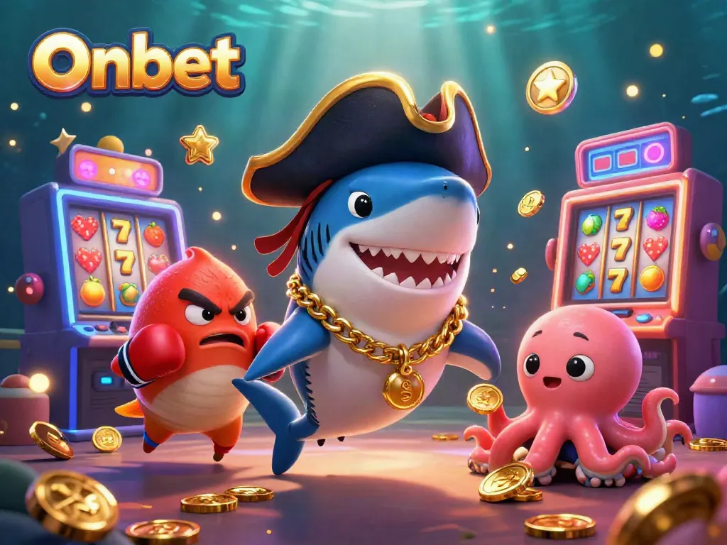 Engage with Onbet’s exciting 3D casino adventure featuring vibrant characters and slot machines.