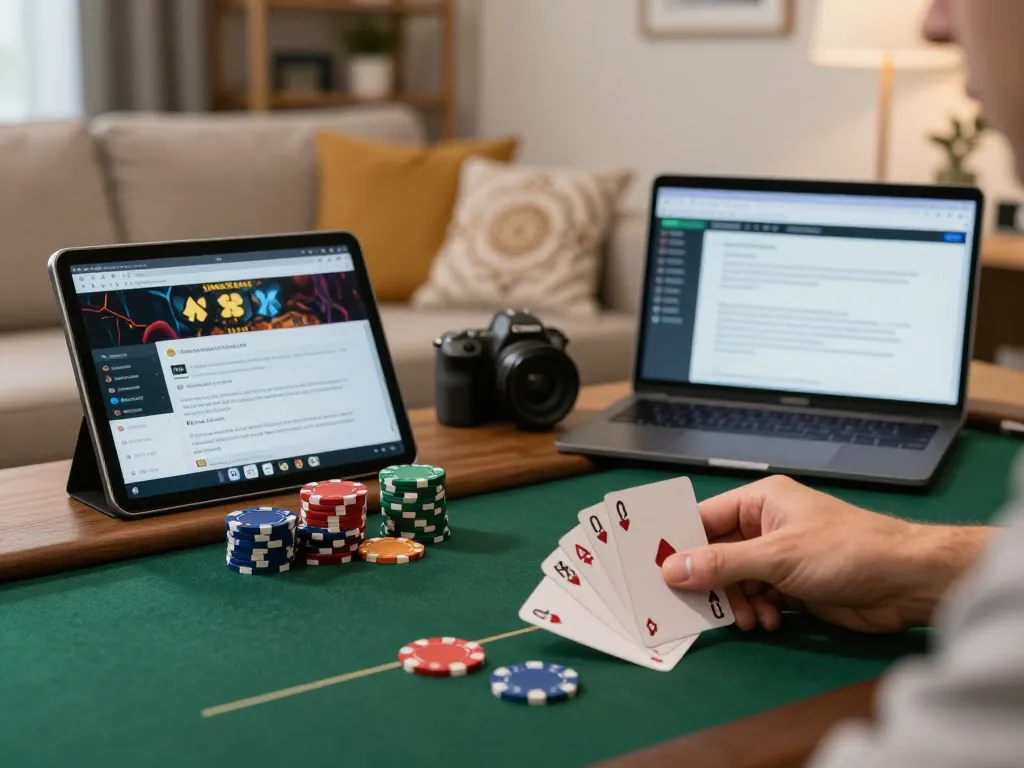 Engaging game bài đổi thưởng poker session on tablet in a cozy home environment