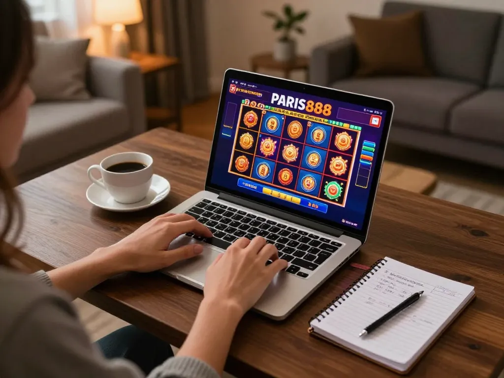 Person enjoying an engaging gaming session with Paris888 slots displayed on the laptop screen.