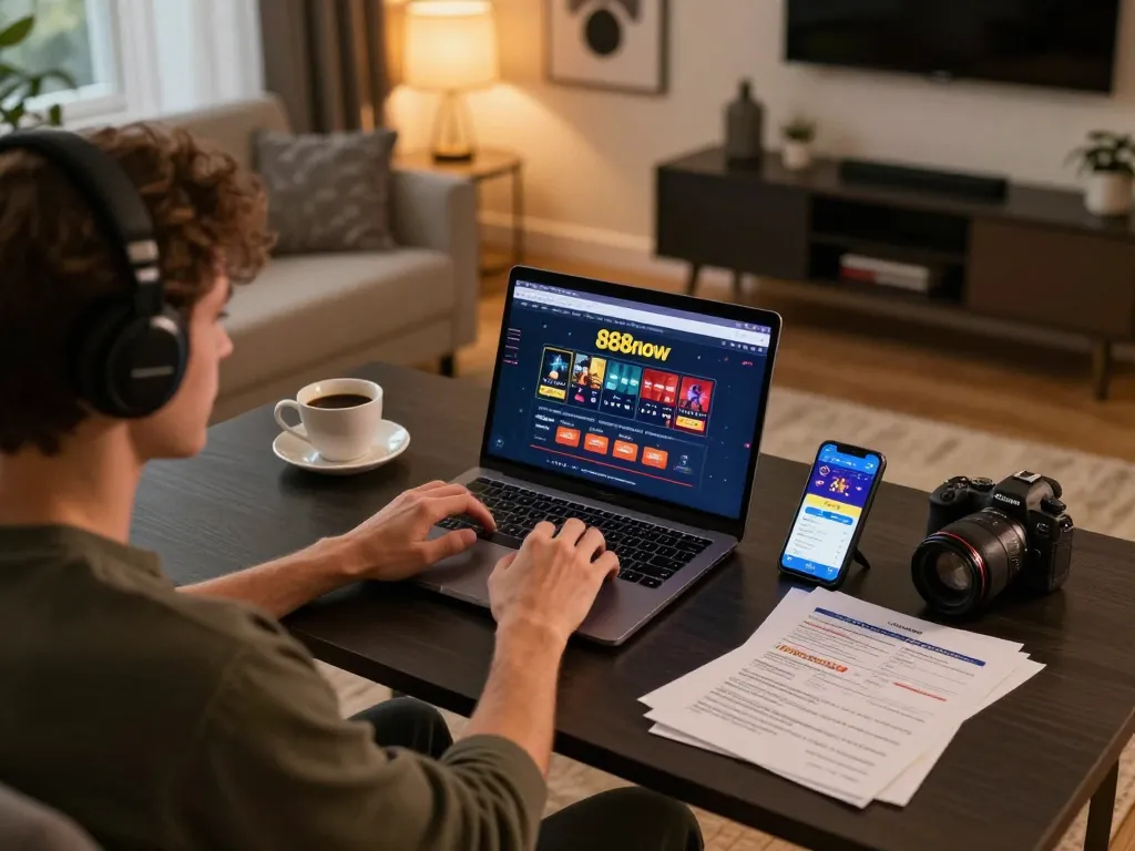 Engaging in strategic gameplay on 888now com with a laptop and smartphone in a cozy home setup.