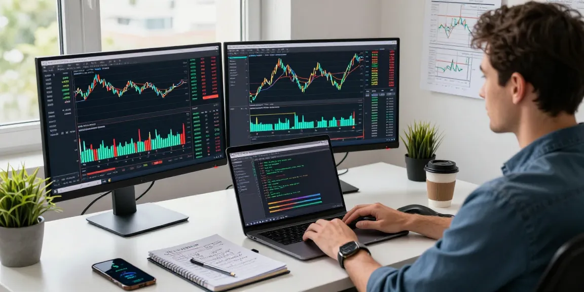 使用 tradingview 进行股票分析的交易员在现代办公桌前，显示实时数据和技术指标的多台监视器，专业而专注的氛围。