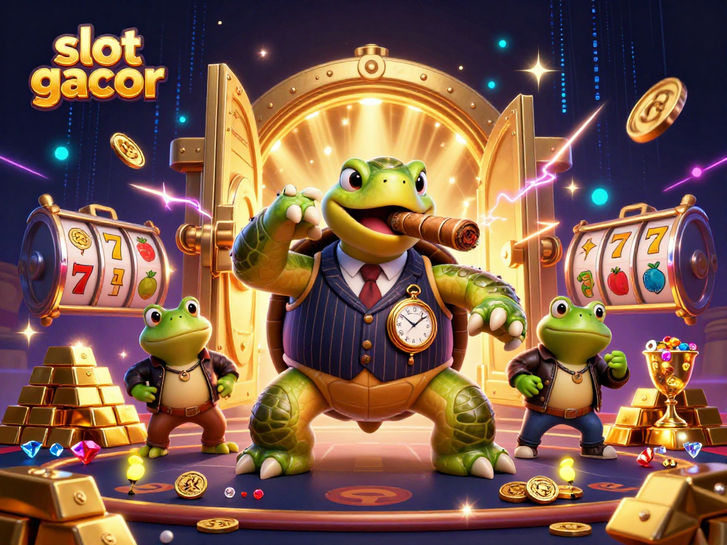 Experience the thrill of slot gacor with a vibrant scene featuring a mobster turtle and bullfrog enforcers.
