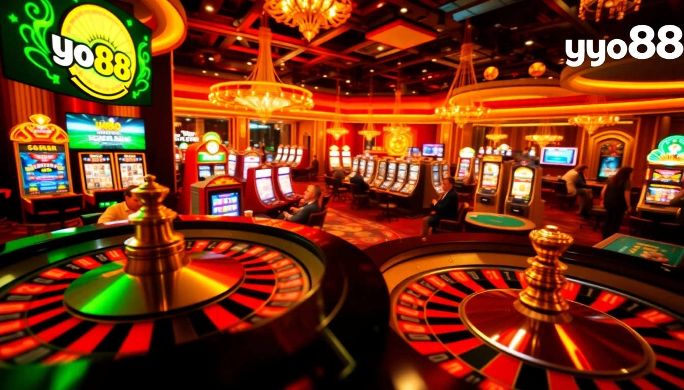Excited players engaging with casino games during a lively night scene showcasing yo88.