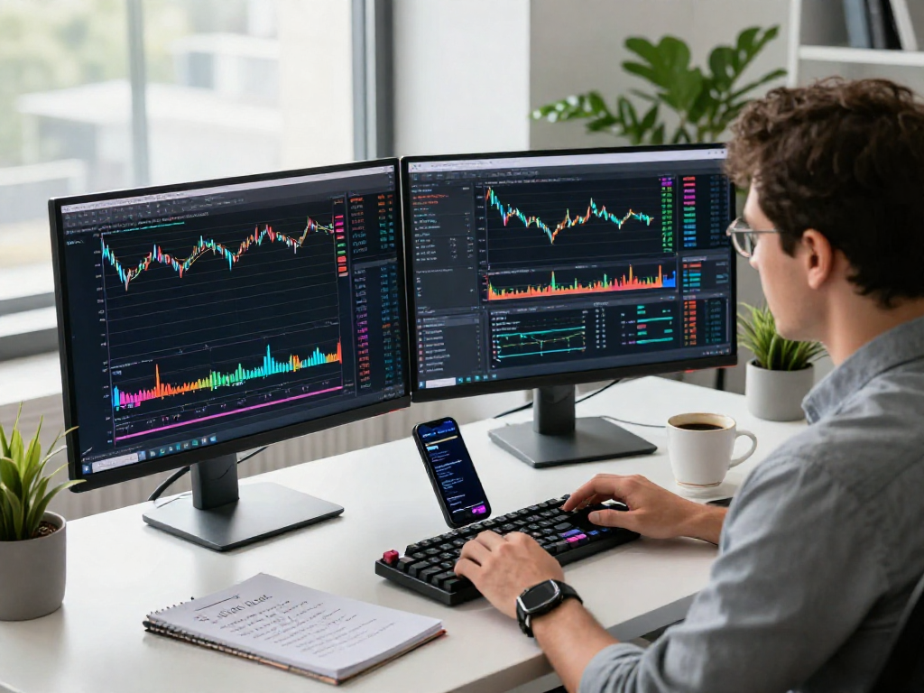 通过TradingView官网进行交易分析的专业交易员在现代办公环境中工作。