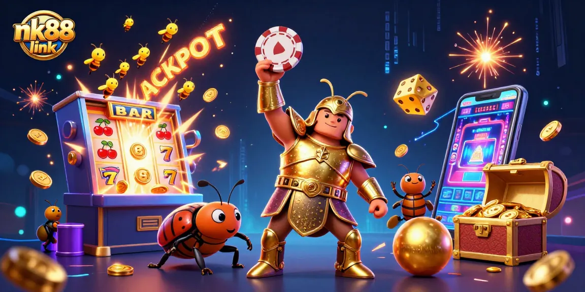 Engage with nk88 link, highlighting casino excitement through a victorious beetle character.