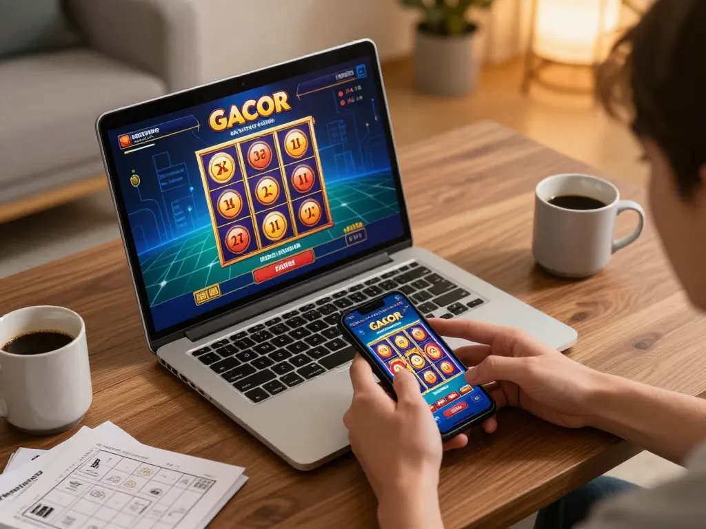 Engage with slot gacor games on mobile and laptop showcasing online gambling experience.