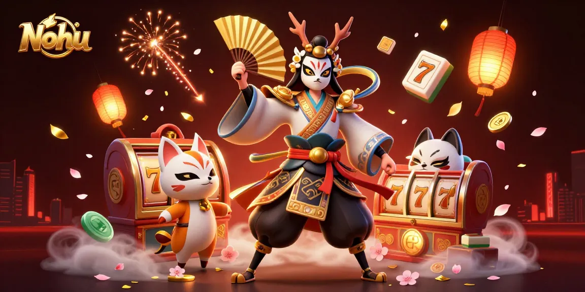 Nohu showcases dynamic slot gameplay with kabuki influences and vibrant winning elements.
