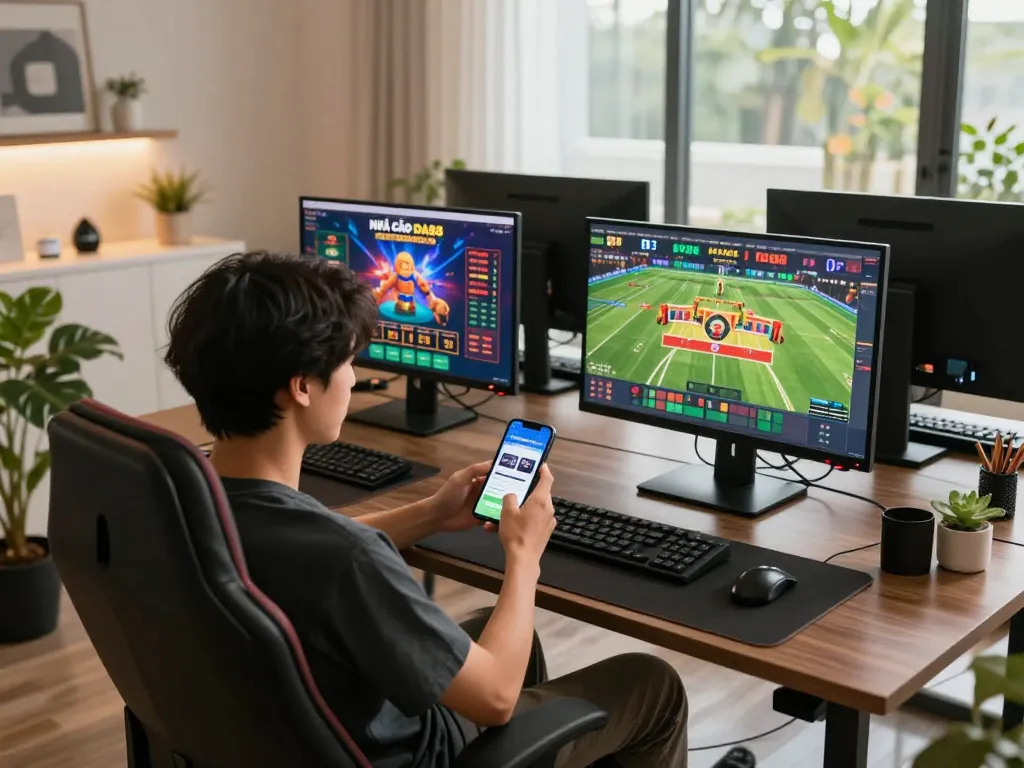 Person engaging with NHÀ CÁI DA88 on a smartphone at a stylish home setup, showcasing online gambling.