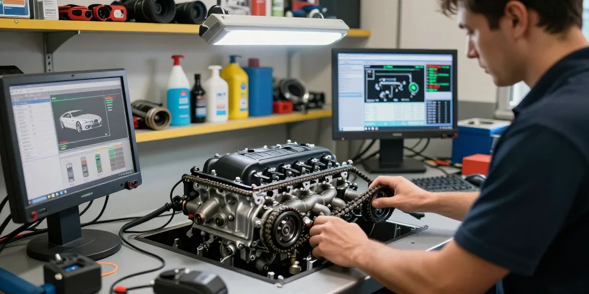 BMW Werkstatt Hannover mit Mechaniker, der an einem Motor arbeitet und hochwertige Diagnosegeräte benutzt.