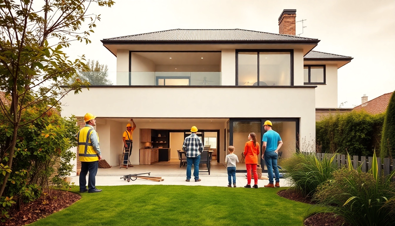 house extension construction showcasing a modern home improvement project in Melbourne with workers and family.