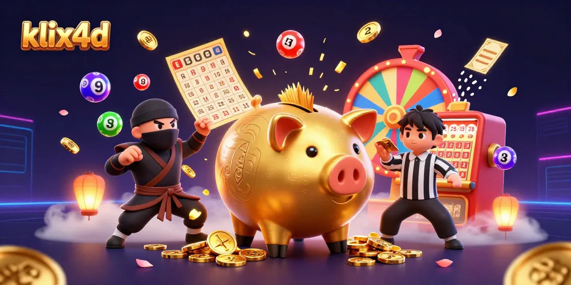Menangkan jackpot dengan klix4d, bank piggy raksasa bertarung di dunia lotere digital yang cerah.