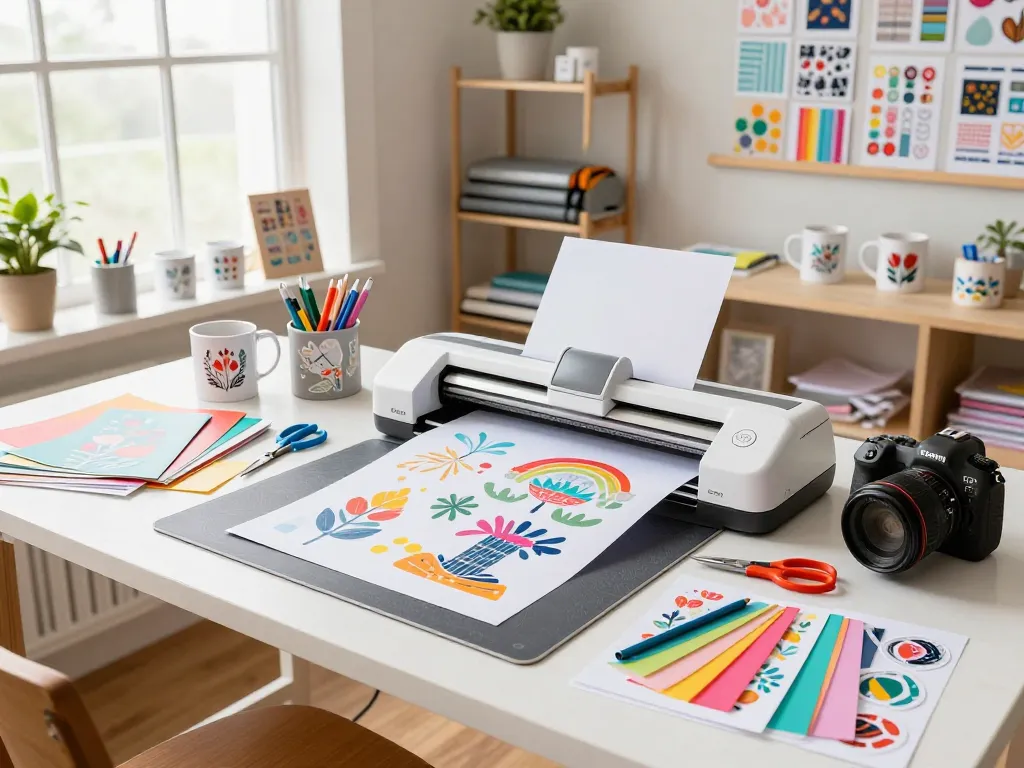 Crafter using Cricut machine among vibrant materials and completed projects in a bright DIY studio.