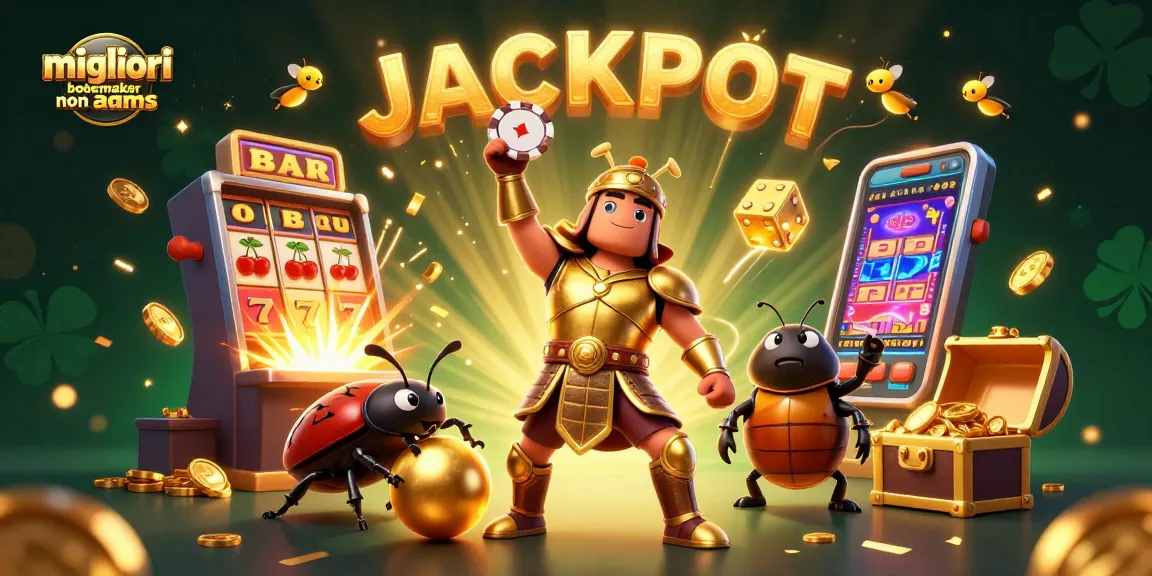 Migliori bookmaker non AAMS: eroe scarabeo vittorioso con gettoni sullo sfondo di jackpot e macchine slot.