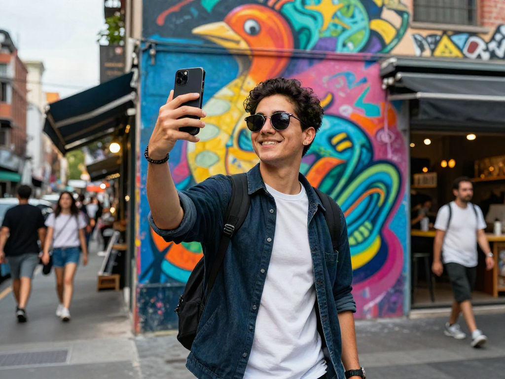 Person testing attractiveness through a selfie in a vibrant urban scene.