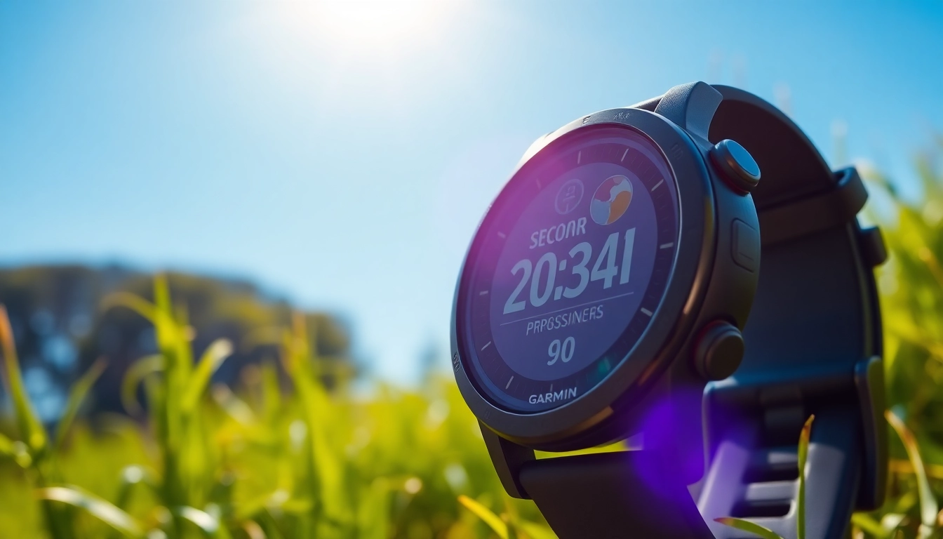 Garmin smartwatch displayed in an outdoor setting, showcasing its features and design.