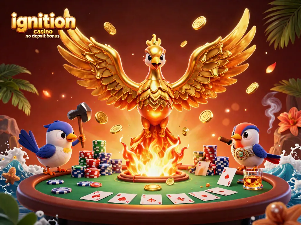 Experience the ignition casino no deposit bonus with a golden phoenix rising amidst poker elements and vibrant casino atmosphere.